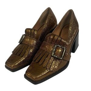 Vince Camuto Sedna Kiltie Block-Heeled Metallic Tailored Gold Loafers
